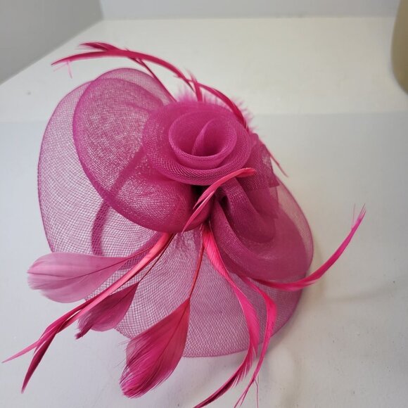 Pink Headband Fascinator with Pink Feathers and Pink Rosettes - Picture 13 of 14